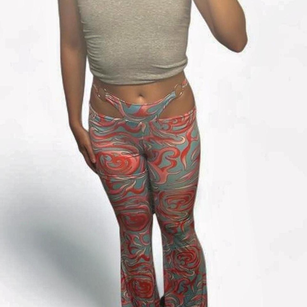 Dolls Kill One by One Swirl Print Flare Pants Cutout Red Blue S